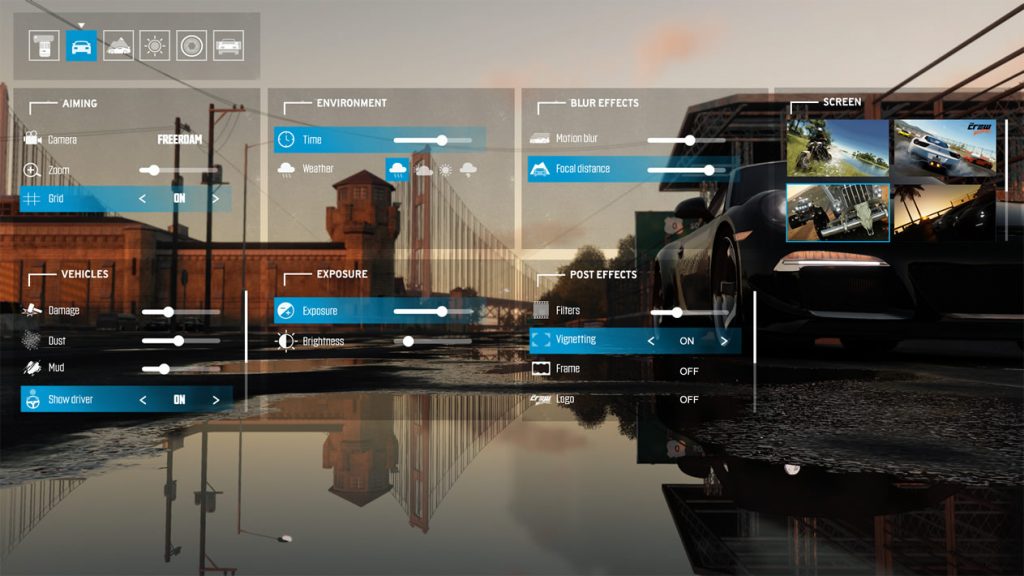 menu configuração do photo mode de the crew
