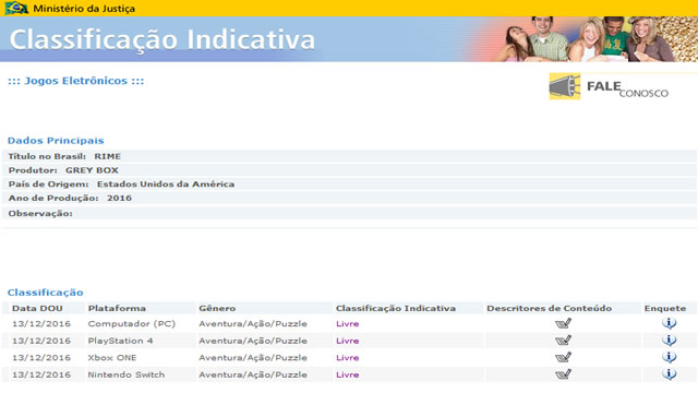 Classificação indicativa para o jogo Rime no site do ministério da justiça