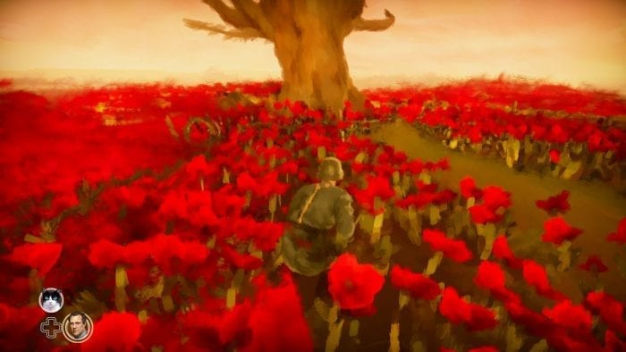 Kurt se escondendo na terra de ninguém, em meio as flores de papoula