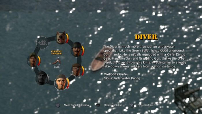 Roda de seleção de personagens em Commandos 2 HD Remaster