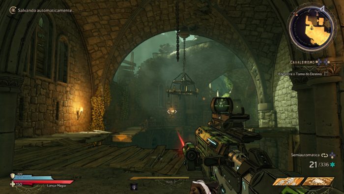 Jogador empunha uma arma dentro de um castelo medieval. A visão é em primeira pessoa.