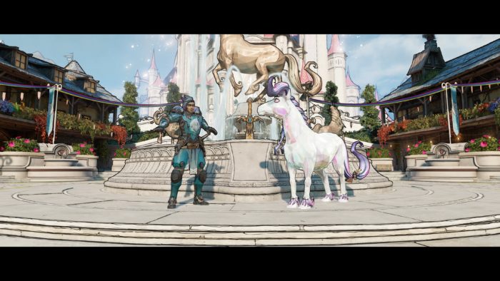 O personagem Paladino Mike e a rainha unicórnio na praça central de Casco Cintilante
