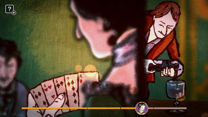 O protagonista serve vinho pelas costas do jogador enquanto espia as cartas.