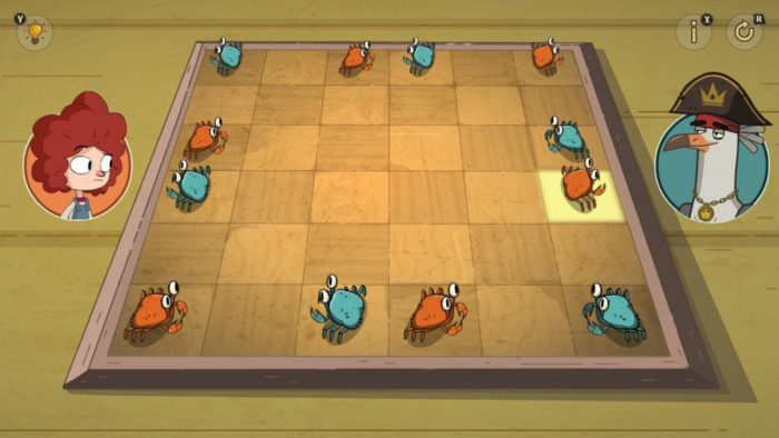 Gal em uma partida de um jogo de tabuleiro com uma gaivota pirata, em Lost in Play