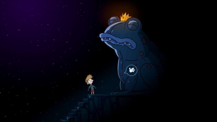 Em Lost In Play, Toto encontra um sapo gigante usando uma corora. Os dois estão em um lugar escuro.