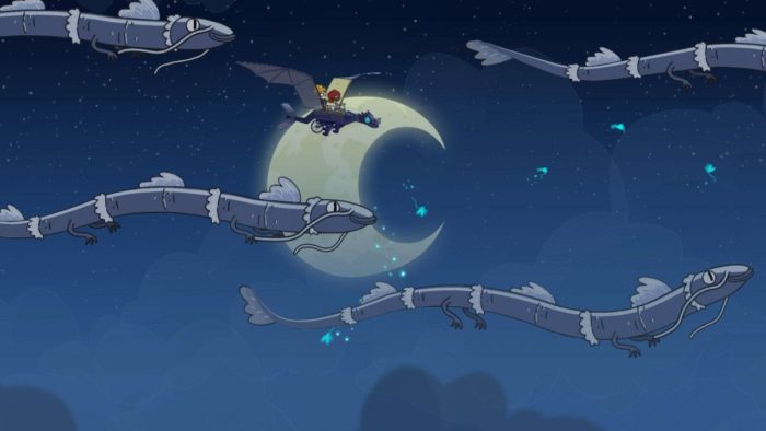 Toto e Gal viajam em uma máquna voadora no céu, entre peixes voadores.