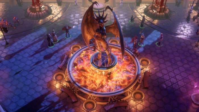 Grupo de aventureiros em volta de uma estátua de demônio iluminada por chamas. 