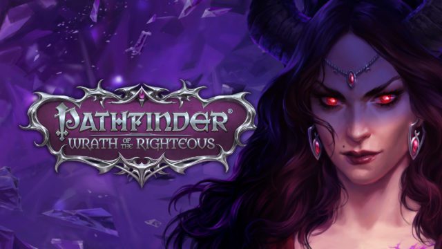 Imagem de uma sucubus com a logo de Pathfinder Wrath Of The Righteous sobre um fundo roxo