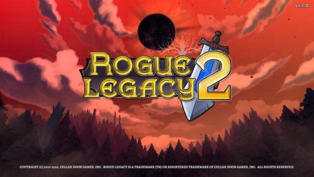 Tela título do jogo mostra o nome Rogue Legacy 2, uma espada gigante e um fundo vermelho, com uma esfera negra no centro
