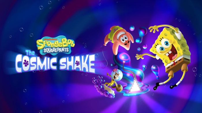 Bob Esponja e Patrick em um fundo roxo com o nome do jogo Cosmic Shake