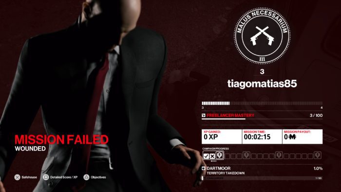 Tela mostrando o resultado final de uma missão fracassada em Hitman Freelancer
