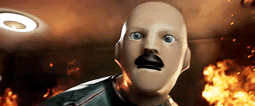 Robô de bigode abrindo a cabeça e expondo seu interior mecatrônico em Atomic Heart