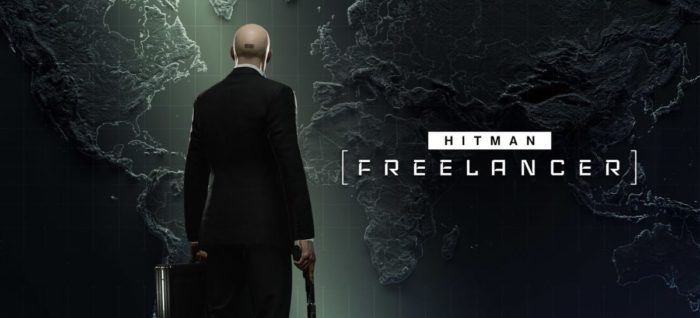 Hitman Freelancer - Assassino 47 de costas e o nome do jogo ao lado direito