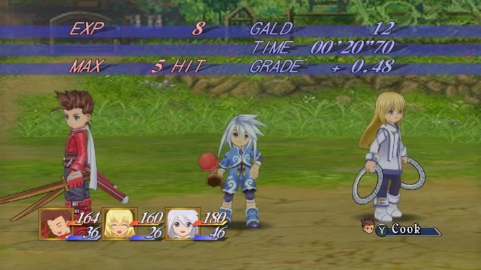 O trio de personagens principais, Lloyd, Genis e Colette fazem pose após o término de uma batalha em Tales Of Symphonia Remastered