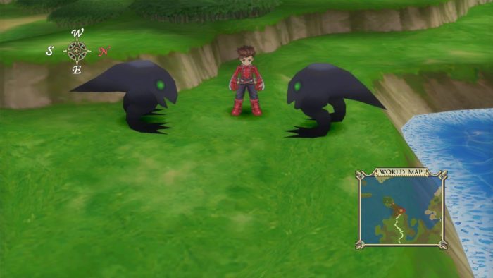 Lloyd à frente de dois monstros durante a exploração do mapa.