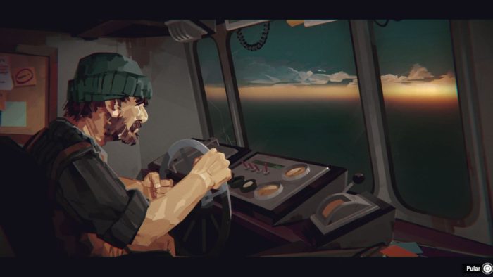 A imagem mostra o personagem principal de Dredge pilotando sua embarcação.