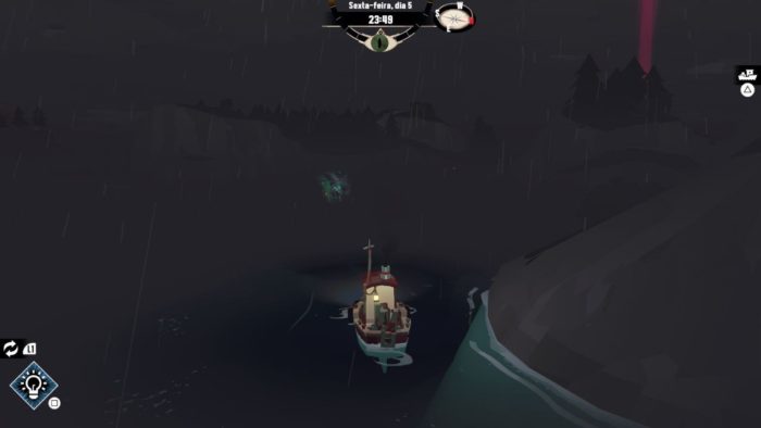 A imagem mostra o barco cercado por névoa durante a noite. 