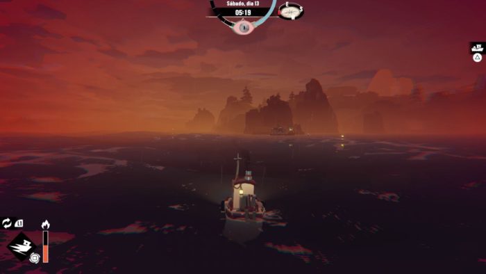 A imagem mostra o barco de Dredge indo em direção a uma ilha. O céu está vermelho e as cores estão borradas.
