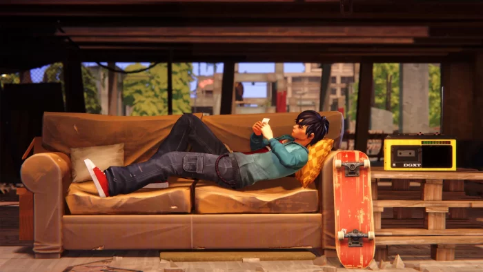 Kaito está deitado num sofá olhando para uma fotografia. Seu skate está em pé, apoiado no sofá ao lado de um toca-fitas.