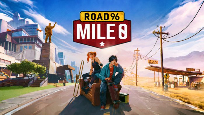 Tela de título de Road 96 Mile 0 mostrando os protagonistas sentados no meio da rua