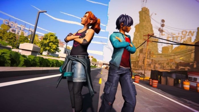 Zoe e Kaito estão de costas um para o outro, com os braços cruzados.