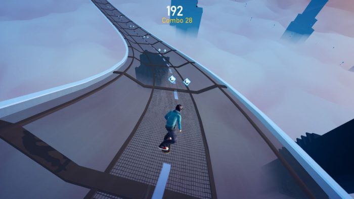 O protagonista Kaito anda de skate em uma pista nas nuvens.