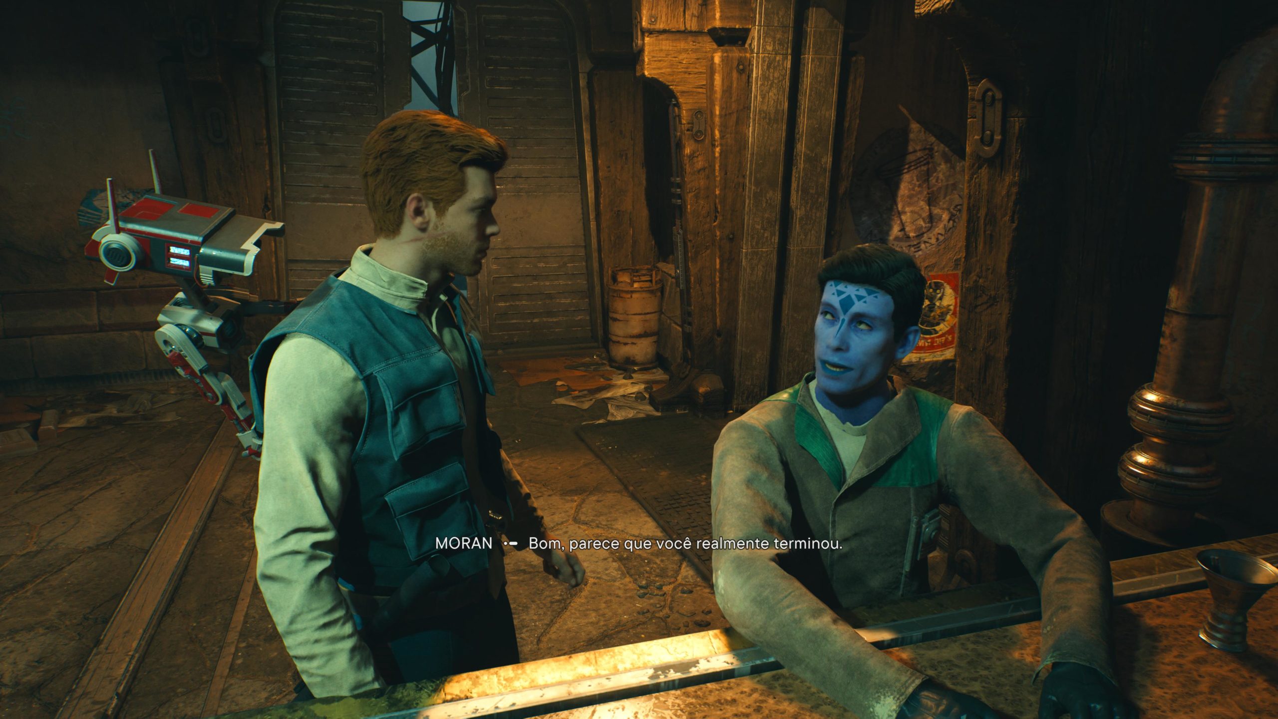 Cal conversando com o NPC Moran em Star Wars Jedi: Survivor