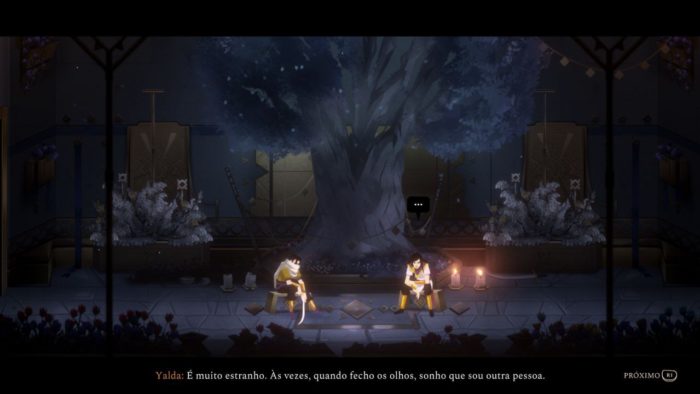 Ardeshir está sentado em um banco conversando com uma guerreira conhecida
