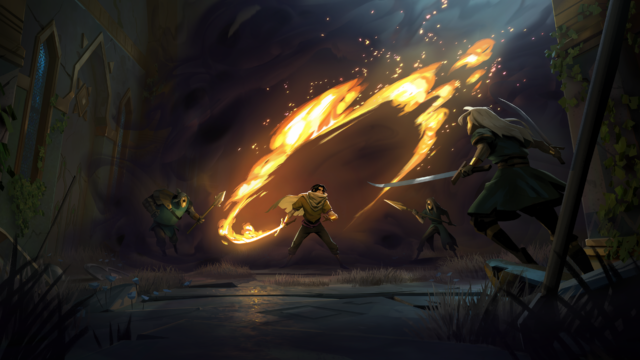O protagonista Ardeshir brande a espada flamejante, que cria um arco de fogo em frente dos inimigos.