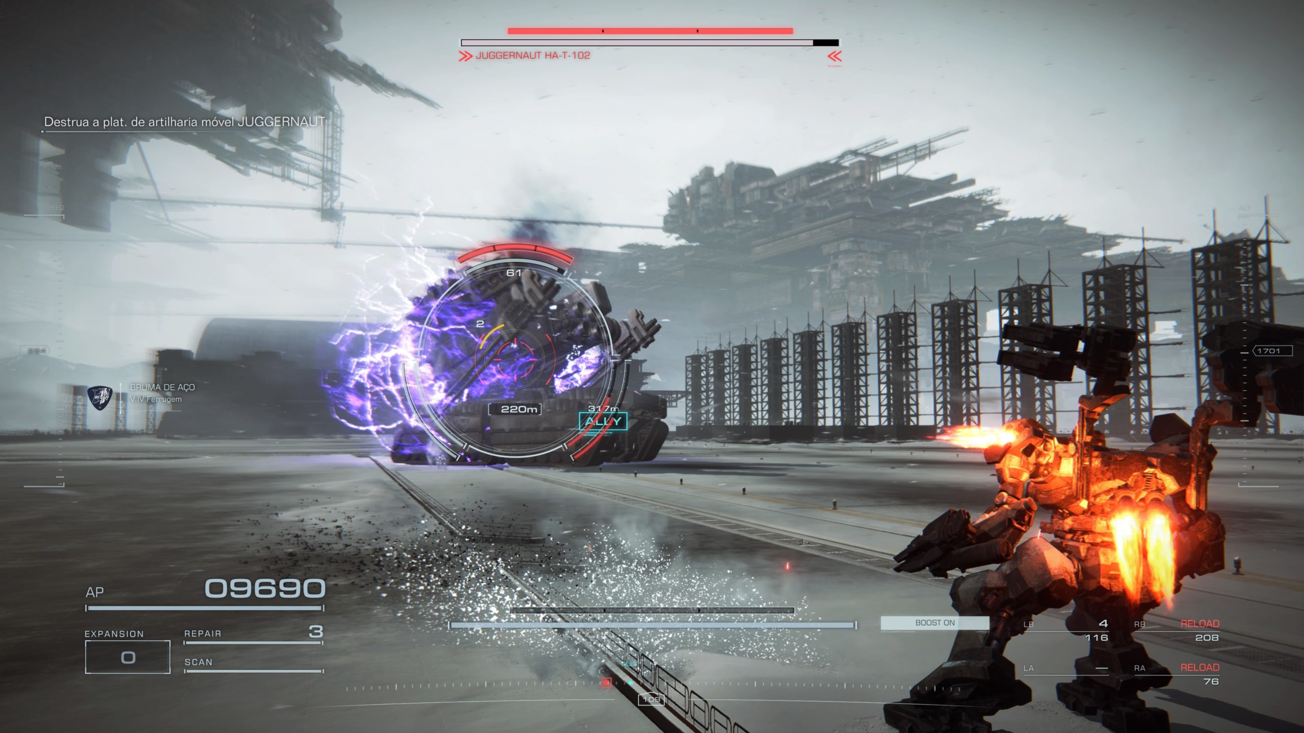 Luta conta o chefe Juggernaut em Armored Core VI