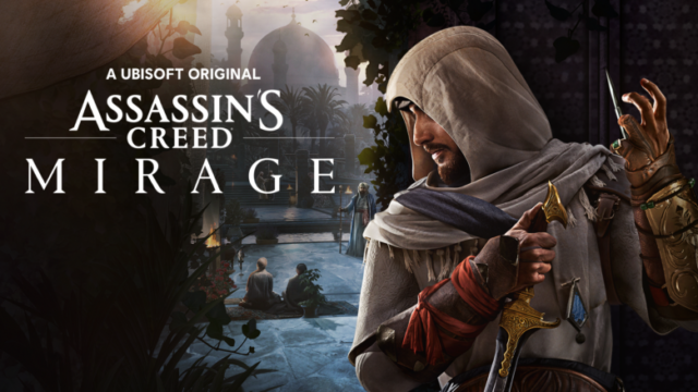 Arte de divulgação de Assassin's Creed Mirage. O protagonista Basim está escondido olhando para pessoas sentadas em um pátio.
