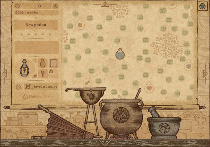 A imagem mostra o laboratório de Potion Craft com várias formulas no Mapa Alquímico