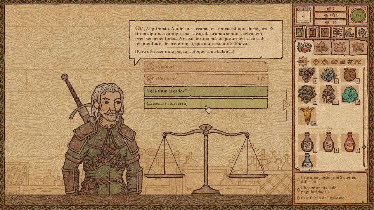 A imagem mostra um cliente na loja de alquimia. O cliente parace Geralt de Rivia. 