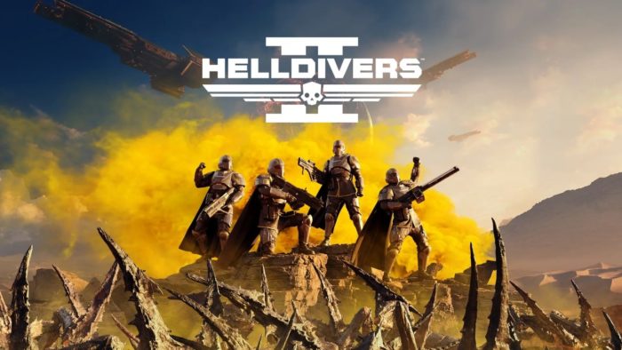 Imagem de capa de Helldivers 2 mostra 4 personagens em cima de um morro, com o nome do jogo em letras brancas sobre eles. Ao fundo, uma fumaça amarela.