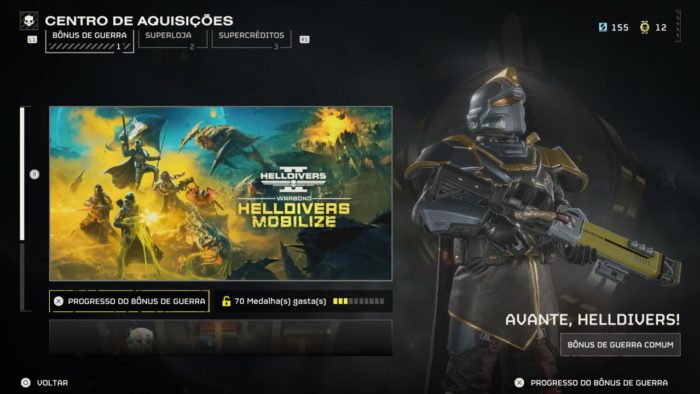 A imagem mostra a tela do Bonus de Guerra do jogo, onde podem ser adquiridos novos itens e armaduras.