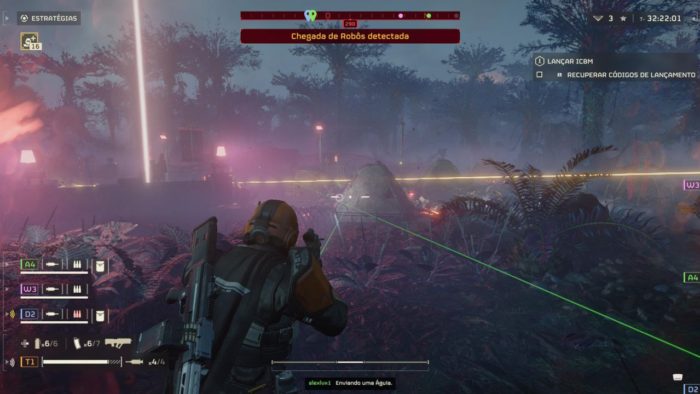 A imagem mostra vários raios traçantes na tela em um cenário noturno. Os helldivers enfrentam autômatos.