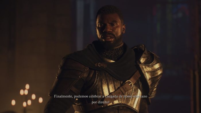A imagem mostra Brant o guarda do palácio de Vernworth. Ele é negro, forte com postura austera.