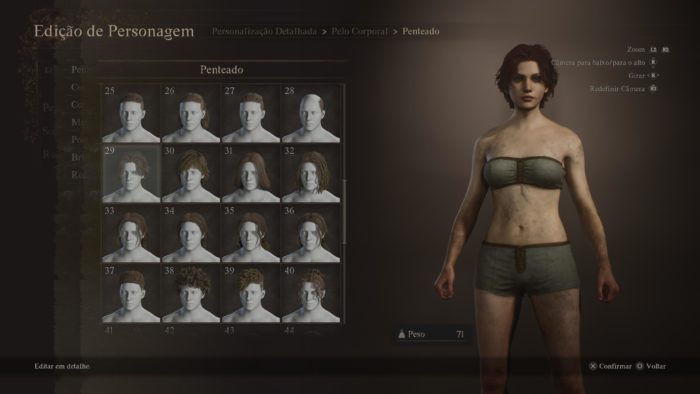 A imagem mostra a tela de criação de personagens de Dragon's Dogma 2. À esquerda, vários quadros com opção de penteados. À direita, a personagem exibe as alterações escolhidas.