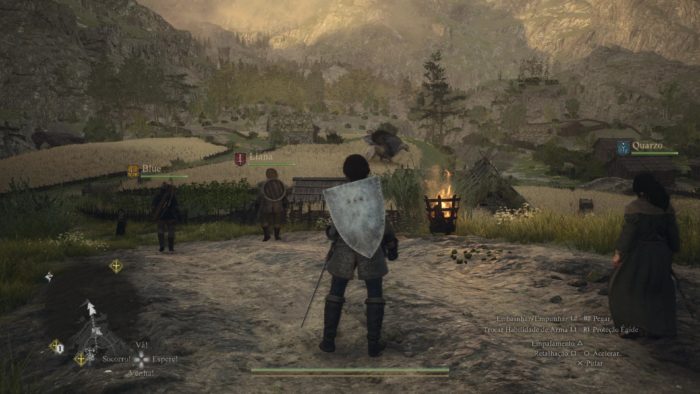 A imagem mostra um campo na área externa da cidade, onde um grifo ataca um animal em Dragon's Dogma 2.