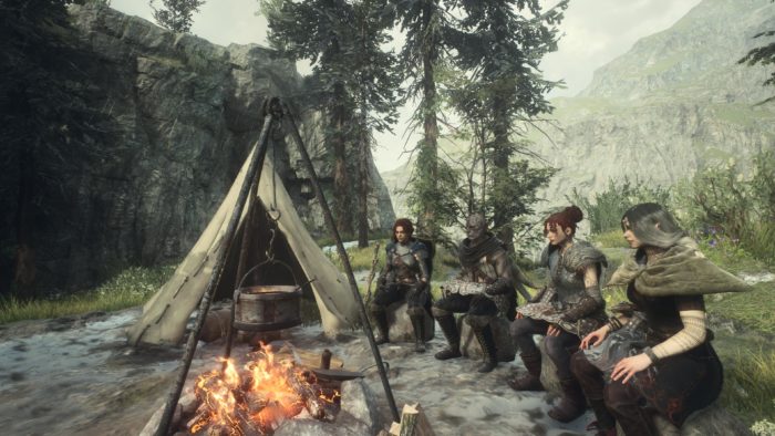 A imagem mostra o Nascen e 3 peões, sentados em um acampamento em Dragon's Dogma 2.