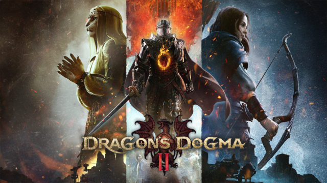 Arte da capa de Dragon's Dogma 2, mostra 03 personagens.