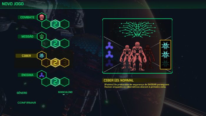 Interface do jogo mostrando a seleção de dificuldade com opções: Combate, Missão, Cibernético e Enigma, cada um com níveis. A opção de gênero é 'Masculino'. A dificuldade destacada é "Cyber (2): Normal".