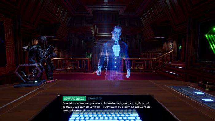 Uma figura holográfica vestida de terno fica no centro de uma sala futurista, emitindo um brilho azul. Uma caixa de diálogo na parte inferior da tela diz: "EDWARD DIEGO: Considere como um presente..." No fundo, um personagem do jogador segura uma arma.