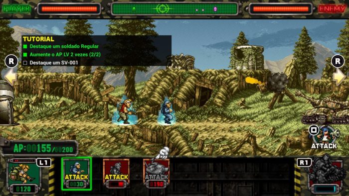 Em um campo de batalha virtual, um soldado avança, mirando em um tanque de guerra.