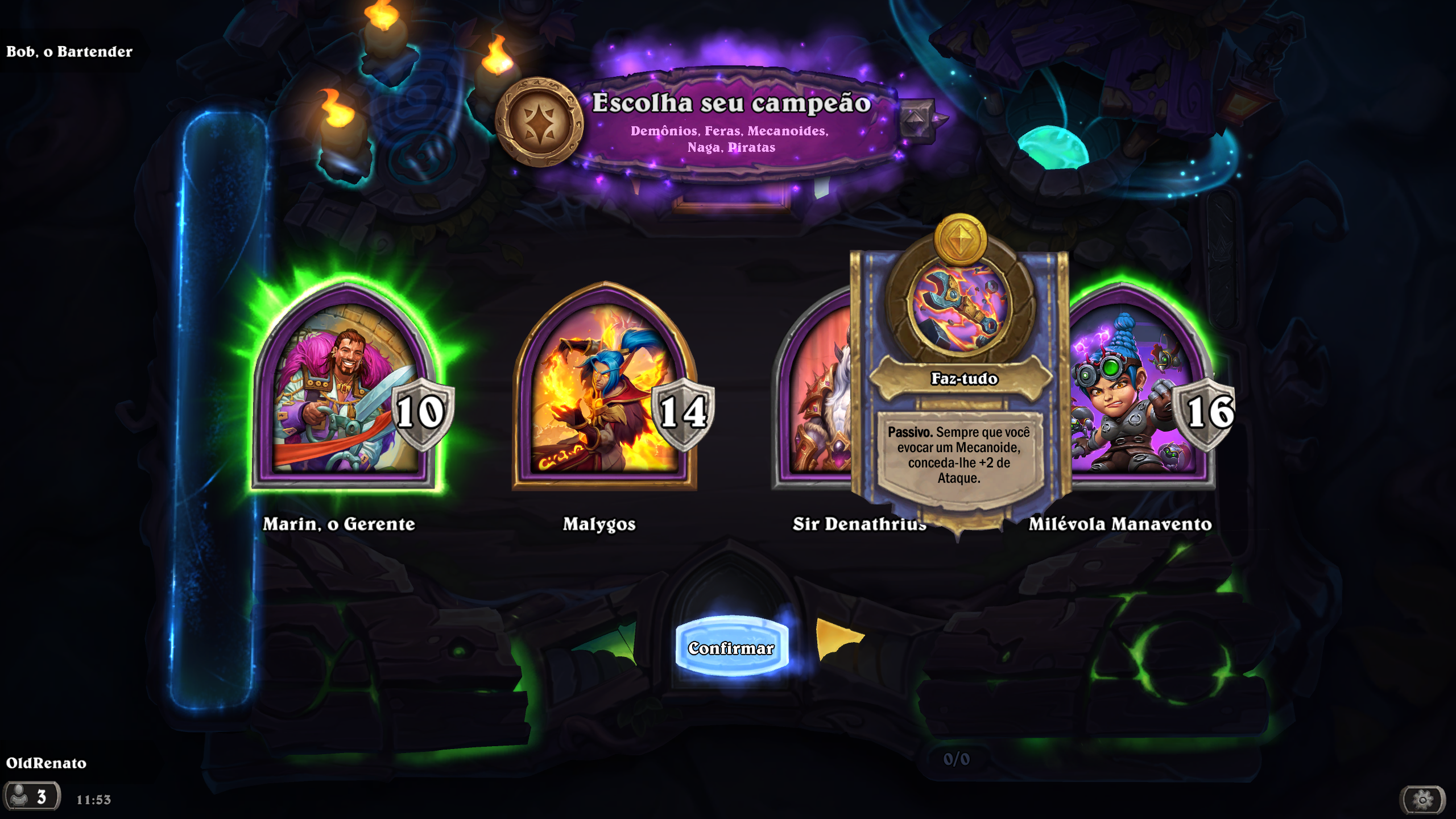 Um exemplo de herói pouco flexível. Passe de Temporada dos Campos de Batalha de Perigos no Paraíso - Hearthstone