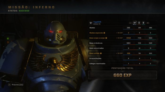 Tela final após o cumprimento de uma missão, mostra a quantidade de XP ganha