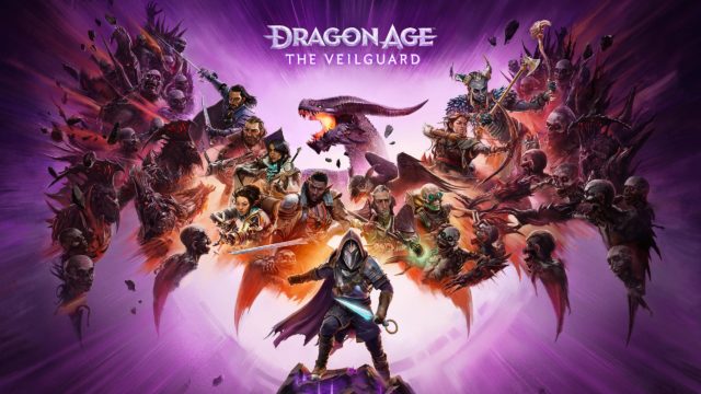 Imagem promocional de Dragon Age The Veilguard mostra vários personagens à frente de um fundo de cor roxa