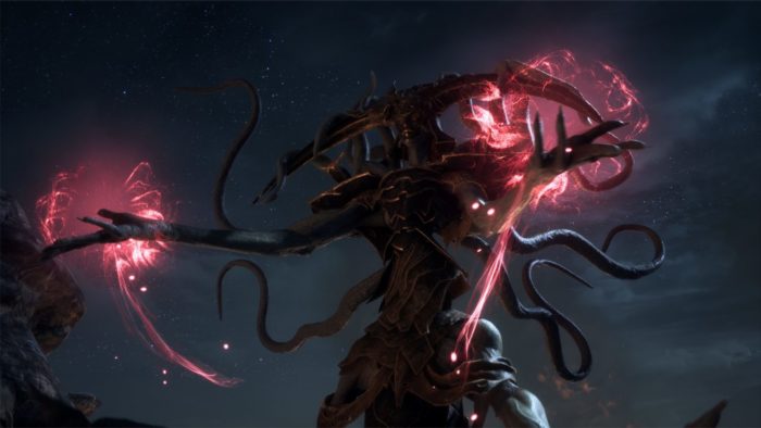 A imagem mostra uma criatura em Dragon Age Veilguard tenebrosa, com luzes saindo de suas mãos. 