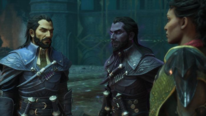 A imagem mostra Lucanis e o demonio Rancor. No primeiro plano, Rook, personagem principal de The Veilguard