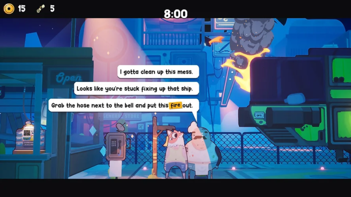 Captura de tela de Uncle Chop's Rocket Shop mostrando texto na tela, destacando a jogabilidade e a narrativa envolvente.